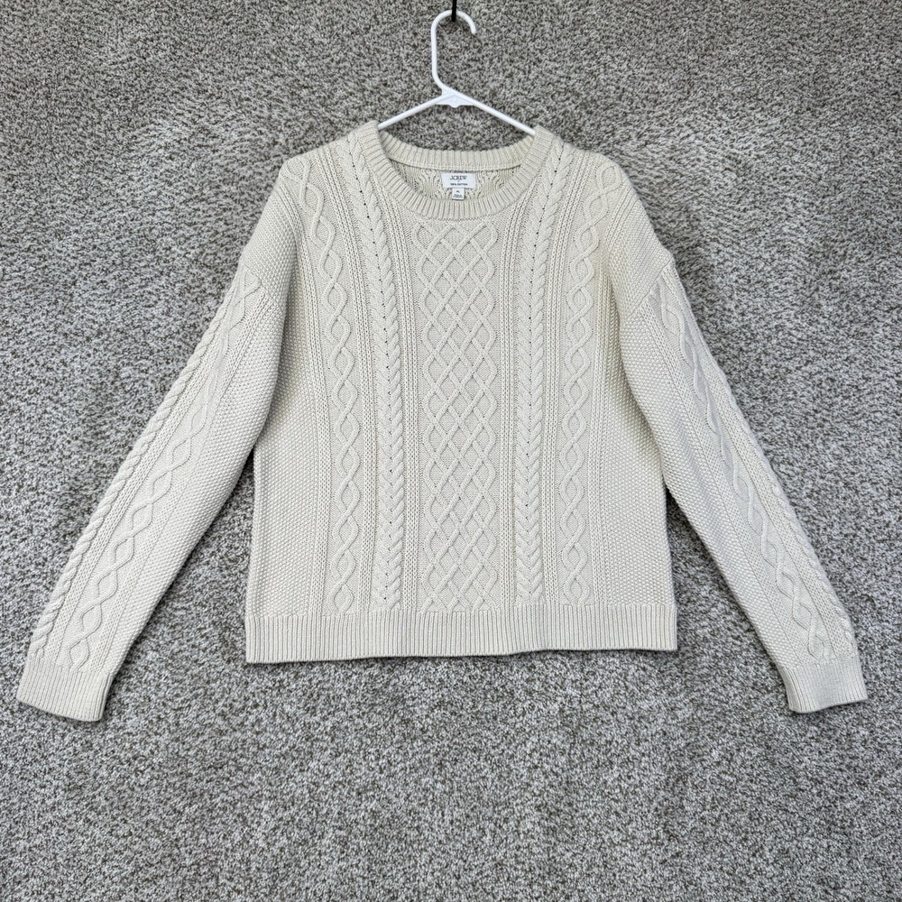 J. Crew Fisherman's Sweater Mens Medium Beige Pullover Crewneck Cable Knit Heavy